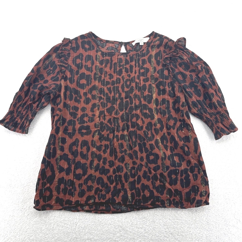 Loft Women Blouse S Brown Leopard Ruffle Shoulder Smocked Long Sleeve Top
